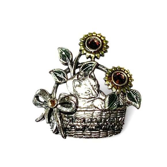 Vintage KC Cat In Basket Brooch With Sunflowers & Bow Silver-Tone Rhinestones 2" - Picture 1 of 8